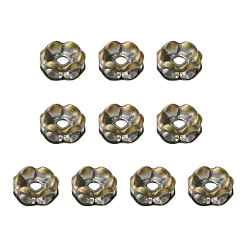 Brass Rhinestone Spacer Beads, Grade A, Wavy Edge, Rondelle, Crystal, Antique Bronze, 5x2.5mm, Hole: 1mm