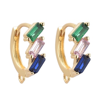 Brass Micro Pave Colorful Cubic Zirconia Huggie Hoop Earring Findings, with Horizontal Loop, Long-Lasting Plated, Real 18K Gold Plated, 13x13x4mm, Hole: 1.2mm, Pin: 1mm