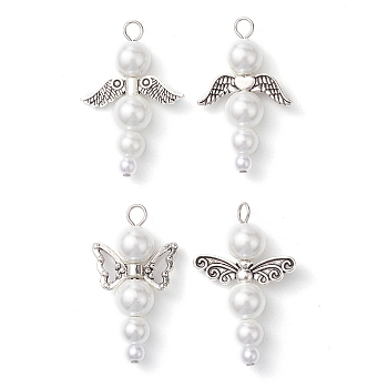 4Pcs 4 Styles Glass Pearl Pendants, with Alloy Beads, Angel & Fairy, Antique Silver & Platinum, 33~34x18~22.5x8mm, Hole: 2.8~3.2mm, 1pc/style