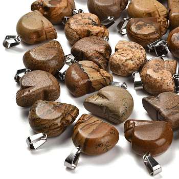 Natural Picture Jasper Pendants, with Stainless Steel Color Plated 201 Stainless Steel Snap on Bails, Skull, 18~18.5x9.5~10x20~21mm, Hole: 7.5x4.5mm