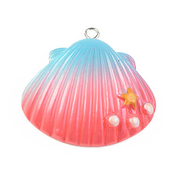 Opaque Resin Pendants, with Platinum Tone Iron Loop, Two Tone, Shell with Star, Light Coral, 33.5~34.5x31.5~32.5x8.5mm, Hole: 2mm