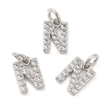 Brass Micro Pave Grade AAA Cubic Zirconia Charms, Letter N, Cadmium Free & Nickel Free & Lead Free, Real Platinum Plated, 9x5.5x1.5mm, Hole: 2mm