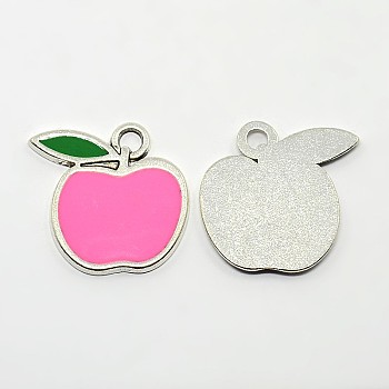 Apple Antique Silver Tone Alloy Enamel Pendants, Hot Pink & Green, 24x25x2mm, Hole: 3mm