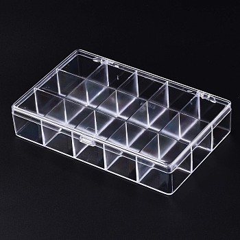 Polystyrene Bead Storage Containers, 15 Compartments Organizer Boxes, with Hinged Lid, Rectangle, Clear, 16.8x10.5x3.4cm, compartment: 3.2x3.3cm