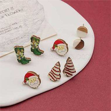 4 Pairs Santa Claus & Boot & Christmas Tree Printed Wood Stud Earrings(EJEW-OY001-03)-4