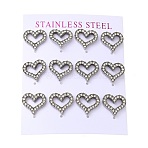 304 Stainless Steel Stud Earring, with Rhinestone, Heart, Stainless Steel Color, 13x14mm, 12pcs/set(EJEW-C099-05P)