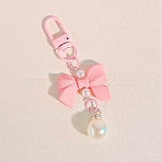 Macaron Color Plastic Bowknot and Round Pendant Keychain, with Clasp, Pink, 90mm(PW-WG57865-01)
