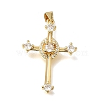 Brass Micro Pave Clear Cubic Zirconia Pendants, Cross with Oval Charms, Lead Free & Cadmium Free, Long-Lasting Plated, Rack Plating, Real 18K Gold Plated, 32x22x4mm, Hole: 4x3mm(CU-CBA9883-05H-G)