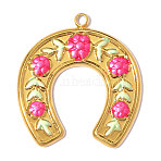 304 Stainless Steel with Deep Pink Enamel Pendants, Ion Plating(IP), Horseshoe with Flower Charms, Hand Polished, Real 18K Gold Plated, 22x21mm, Hole: 2mm(SA-OY003-28G)
