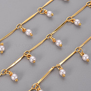 Handmade Brass Bar Link Chains, with ABS Plastic Imitation Pearl Beads, Soldered, with Spool, Real 18K Gold Plated, 13.5x1x0.7mm and 3.8x2.5x0.3mm, about 16.4 Feet(5m)/roll(CHC-S012-010)