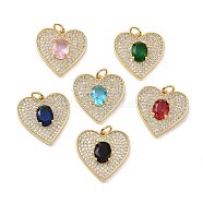 Heart Brass Micro Pave Cubic Zirconia Pendants, with Jump Rings, Cadmium Free & Nickel Free & Lead Free, Real 18K Gold Plated, Mixed Color, 19.5x19x4mm, Hole: 3mm(KK-G435-02G)