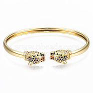 Brass Micro Pave Cubic Zirconia Cuff Bangles, Nickel Free, Leopard, Colorful, Real 16K Gold Plated, Inner Diameter: 2-5/8x2-1/8 inch(6.6x5.3cm), 10mm(BJEW-T018-06G-NF)