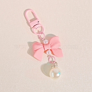 Macaron Color Plastic Bowknot and Round Pendant Keychain, with Clasp, Pink, 90mm(PW-WG57865-01)