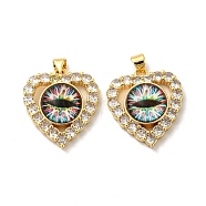 Real 18K Gold Plated Brass Pendants, with Glass and Acrylic, Heart with Evil Eye Charms, Colorful, 26x22.5x7mm, Hole: 4.5x3.5mm(KK-L209-005G-07)