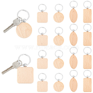 CHGCRAFT 20Pcs 4 Style Beech Wood Keychain, with Platinum Plated Iron Split Key Rings, Mix-shaped, BurlyWood, 7.5~9x3.1~4cm, 5pcs/style(KEYC-CA0001-16)