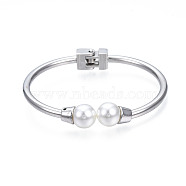 ABS Plastic Pearl Round Beaded Open Cuff Bangle, Brass Hinged Bangle for Women, Platinum, Inner Diameter: 1-3/4x2-1/4 inch(4.3x5.6cm)(BJEW-S118-148P)
