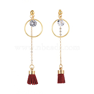 Dangle Stud Earrings, with Suede Cord Tassel, Cubic Zirconia Charms, 304 Stainless Steel Stud Earring Findings, Brass Cable Chains, Linking Rings and Ear Nuts, Red, 75mm, Pin: 0.8mm(EJEW-JE04060-03)