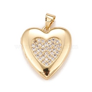 Brass Micro Pave Cubic Zirconia Locket Pendants, Photo Frame Charms for Necklaces, Real 18K Gold Plated, Lead Free & Cadmium Free, Heart, Clear, 20.5x19x5mm, Hole: 4x3mm, Inner Diameter: 12x13.5mm(KK-A161-47G)