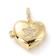 Brass Micro Pave Cubic Zirconia Diffuser Locket Pendants, Long-Lasting Plated, Heart with star, Real 18K Gold Plated, 19.5x22.5x8.5mm, Hole: 3.2x5mm(ZIRC-Z018-04G)