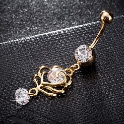 Brass Cubic Zirconia Navel Ring, Belly Rings, with 304 Stainless Steel Bar, Cadmium Free & Lead Free, Real 18K Gold Plated, Flower, Clear, 50x14mm, Bar: 15 Gauge(1.5mm), Bar Length: 3/8"(10mm)(AJEW-EE0004-15)