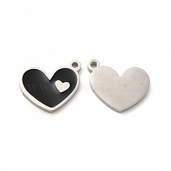 304 Stainless Steel Enamel Charms, Heart, Black, 13x10x1mm, Hole: 1.2mm(STAS-F291-08P-01)