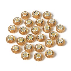 Rondelle Resin European Beads, Large Hole Beads, with Glitter Powder and Platinum Tone Brass Double Cores, Goldenrod, 13.5x8mm, Hole: 5mm(RPDL-A001-01-10)