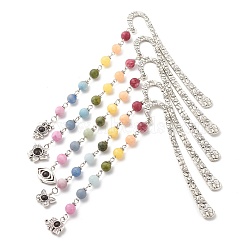 Tibetan Style Alloy Bookmarks, with Chakra Theme Frosted Natural Gemstone Beaded Pendant, Mixed Shapes, Antique Silver, 137~145mm(AJEW-JK00182)