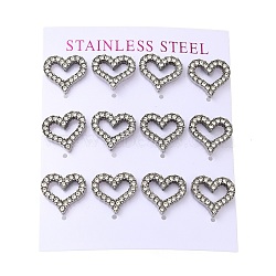 304 Stainless Steel Stud Earring, with Rhinestone, Heart, Stainless Steel Color, 13x14mm, 12pcs/set(EJEW-C099-05P)