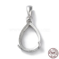 Rhodium Plated Rack Plating 925 Sterling Silver Pendants Cabochon Settings, Teardrop Prong Basket Setting, with 925 Stamp, Real Platinum Plated, 22x10x6mm, Hole: 2.5x5mm(STER-NH0001-49B-P)