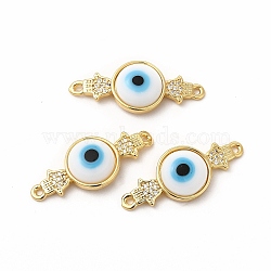 Rack Plating Real 18K Gold Plated Brass Micro Pave Clear Cubic Zirconia Connector Charms, Hamsa Hand and Evil Eye Links, with Handmade Lampwork, Cadmium Free & Lead Free, Long-Lasting, White, 29.5x12x5mm, Hole: 1.4mm(ZIRC-L102-06G-01)