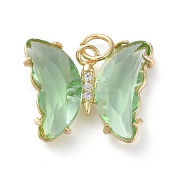 Brass Micro Pave Clear Cubic Zirconia Pendant, with Glass, Butterfly, Golden, Dark Sea Green, 18mm(ZIRC-P079-B02-12)