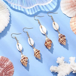 304 Stainless Steel Shell Shape Dangle Earrings, with Natural Shell, Golden, 70~72.5x15mm(EJEW-JE06265-03)