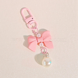 Macaron Color Plastic Bowknot and Round Pendant Keychain, with Clasp, Pink, 90mm(PW-WG57865-01)