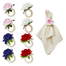 8Pcs 4 Style Artificial Rose Polyseter Napkin Rings, with Hemp Rope, Table Napkin Holder Adornment, for Wedding Banquet Valentine's Day Dinner Table Decorations, Mixed Color, Inner Diameter: 36mm, 2pcs/style(DJEW-HY0001-02)