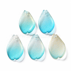 Transparent Spray Painted Glass Pendants, with Glitter Powder, Petaline, Cyan, 16x9.5x2mm, Hole: 1mm(GLAA-S190-014A-01)