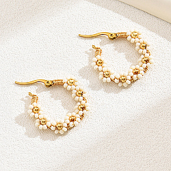 Flower Garland Braided Beaded Stainless Steel Hoop Earrings, Real 18K Gold Plated Jewelry for Women, White, 30x30mm(IF8557-01)