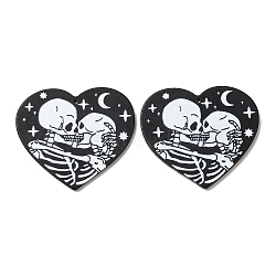 Heart with Skull Pattern Opaque Double-sided Printed Acrylic Pendants, for Halloween, Black, 37.5x42.5x2.5mm, Hole: 1.5mm(X-SACR-F009-03)