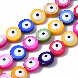 Natural Freshwater Shell Beads Strands, with Enamel, Dyed, Flat Round with Evil Eye, Mixed Color, 8x3~4mm, Hole: 0.8mm, about 48~49pcs/strand, 15.35 inch(39cm)(SHEL-S278-010)