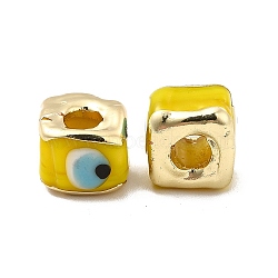 Brass Enamel Beads, Long-Lasting Plated, Real 18K Gold Plated, Square with Evil Eye Pattern, Yellow, 10~12x10~12x8~9mm, Hole: 4~4.5mm(KK-F842-01F)