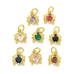 Rack Plating Brass Micro Pave Cubic Zirconia Spider Charms, Long-Lasting Plated, Cadmium Free & Lead Free, Real 18K Gold Plated, Mixed Color, 9x8x4mm, Hole: 3.5mm(ZIRC-I065-02)