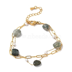 Nuggets Natural Moss Agate & Imitation Pearl Multi-Strand Bracelets, Ion Plating(IP) 304 Stainless Steel Paperclip Chain Bracelets for Women, Golden, 6-1/2 inch(16.4cm)(BJEW-P326-01A-G)