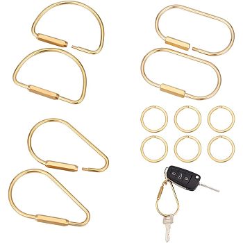 12Pcs 4 Styles Brass Keychain Clasps, Oval/D-Shaped/Teardrop, Golden, 25~77x25~45.5x2.5~3.5mm