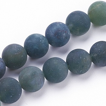 Natural Moss Agate Beads Strands, Frosted, Round, 6mm, Hole: 1mm, about 62pcs/strand, 15.3 inch(39cm)