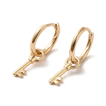 Brass Dangle Hoop Earrings, Skeleton Key, Light Gold, 20.5x2mm