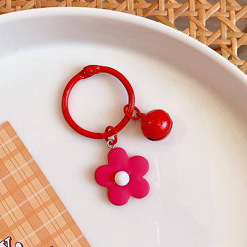 Candy Color Macaroon Flowers Keychain, Resin Flower Bell Keychains, with Iron Findings, Cerise, 6cm