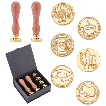 DIY Stamp Making Kits, Including Pear Wood Handle and Brass Wax Seal Stamp Heads, Golden, Brass Wax Seal Stamp Heads: 6pcs