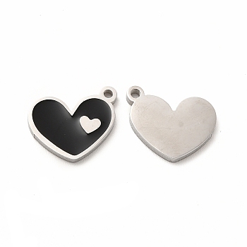 304 Stainless Steel Enamel Charms, Heart, Black, 13x10x1mm, Hole: 1.2mm