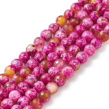 Natural Fire Crackle Agate Bead Strands, Round, Grade A, Faceted, Dyed & Heated, Hot Pink, 6mm, Hole: 1mm, about 61pcs/strand, 15 inch