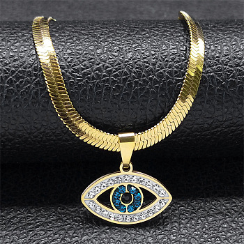 304 Stainless Steel Rhinestone Snake Chain Evil Eye Pendant Necklaces, Golden, 15.87 inch(40.3cm)