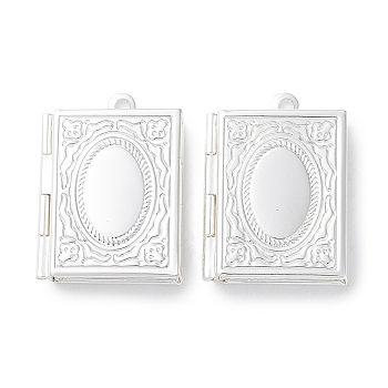 Rack Plating Brass Locket Pendants, Long-Lasting Plated, Lead Free & Cadmium Free, Rectangle with Oval Pattern, Silver, 26x19x5mm, Hole: 1.8mm, Inner Diameter: 15x10mm